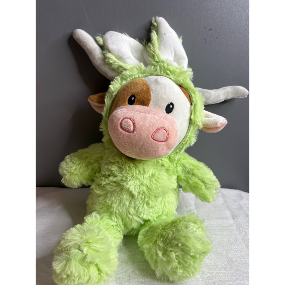 Cow Plush in Green Bunny Costume Easter Stuffed Animal Lime Green Fuzzy Toy
